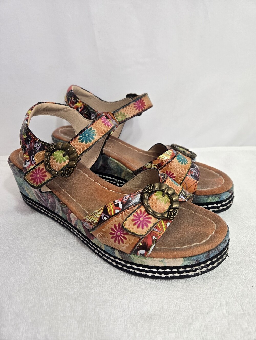 L'Artiste by Spring Step Leather Floral Wedge Sandals Size 40(9) Boho Comfort